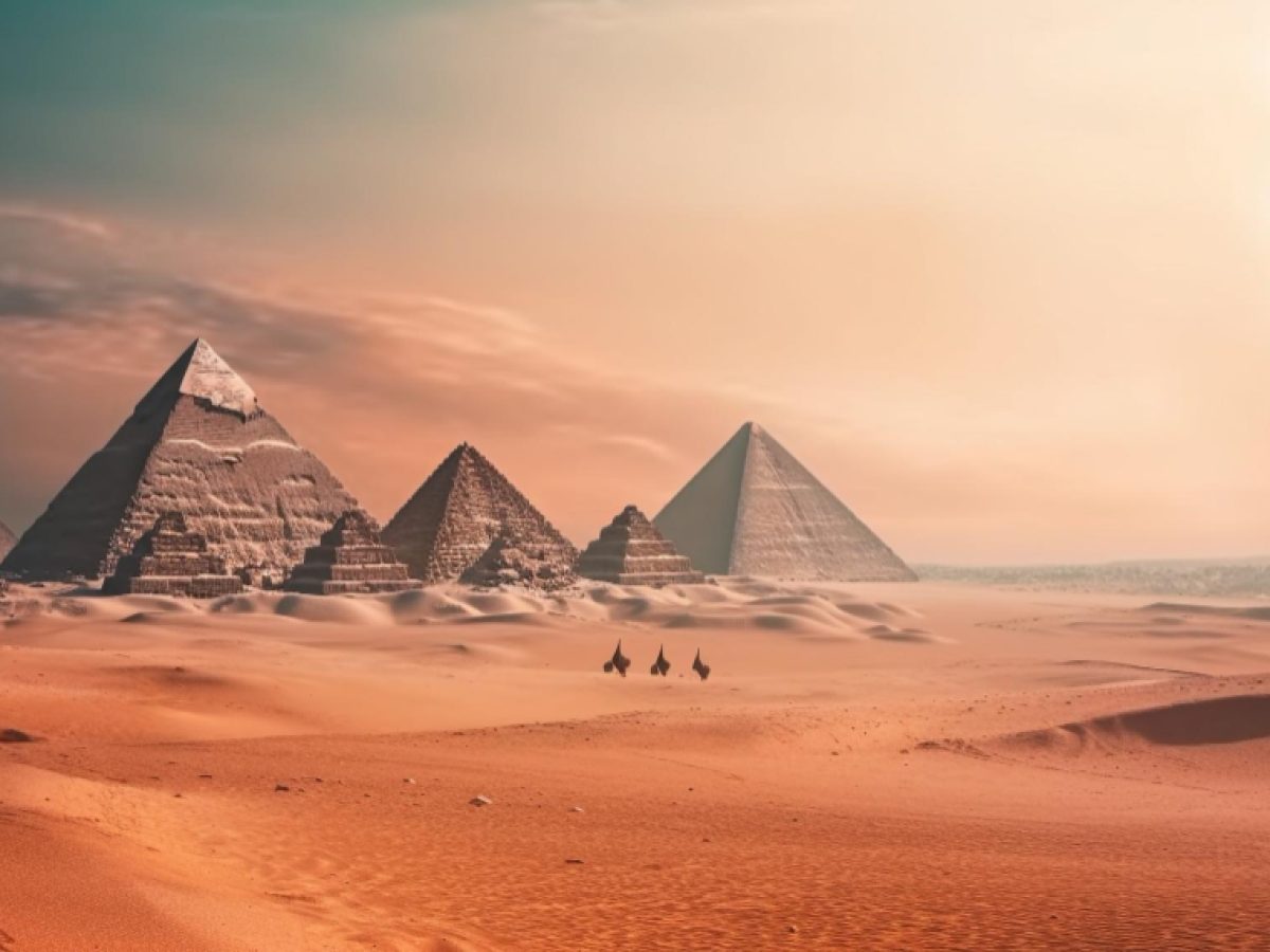 The Giza pyramids in the desert, with camels in the distance