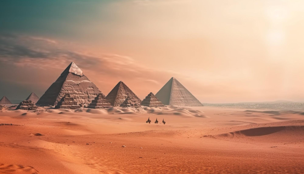 The Giza pyramids in the desert, with camels in the distance