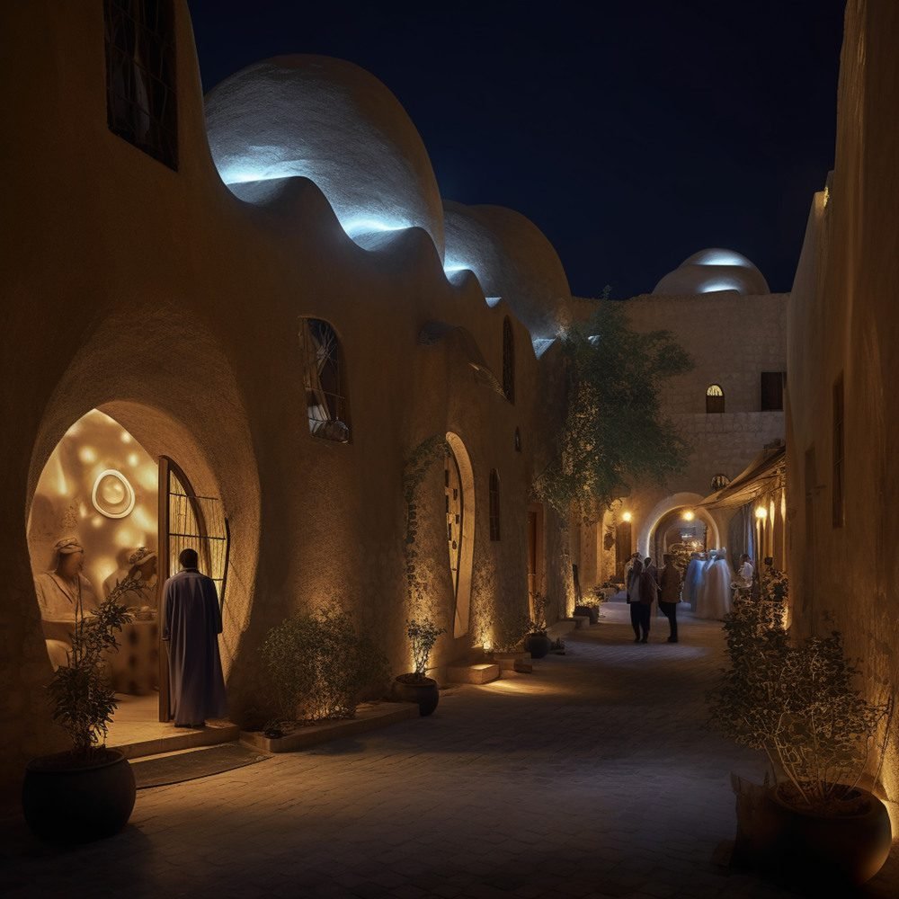night time shot of a narrow street with a building and a lot of people in pharaonic village