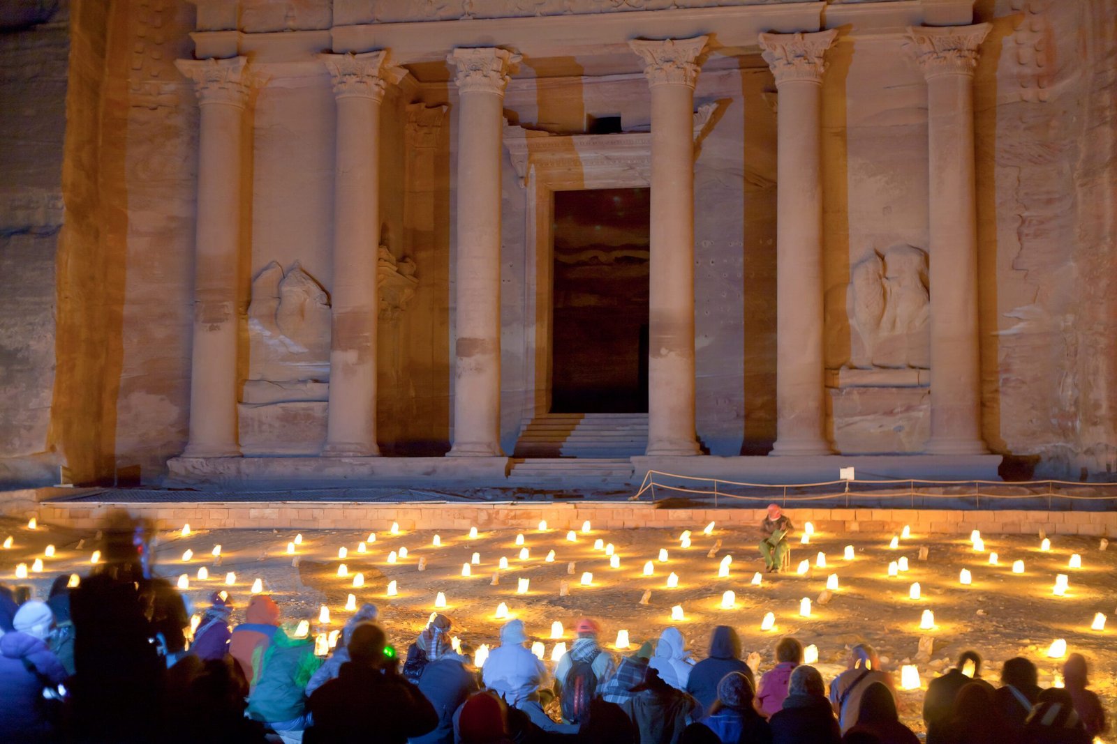The Treasury at Petra at night.
